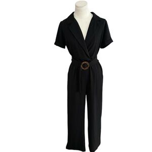 MONTEAU Black Jumpsuit Romper Tortoise Belt Short Sleeve Size XS Resort Vacation
